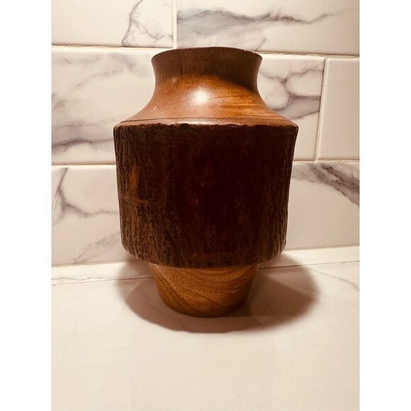 Vintage Hand Engraved Wooden Urn Vase Made in Thailand - Picture 3 of 7